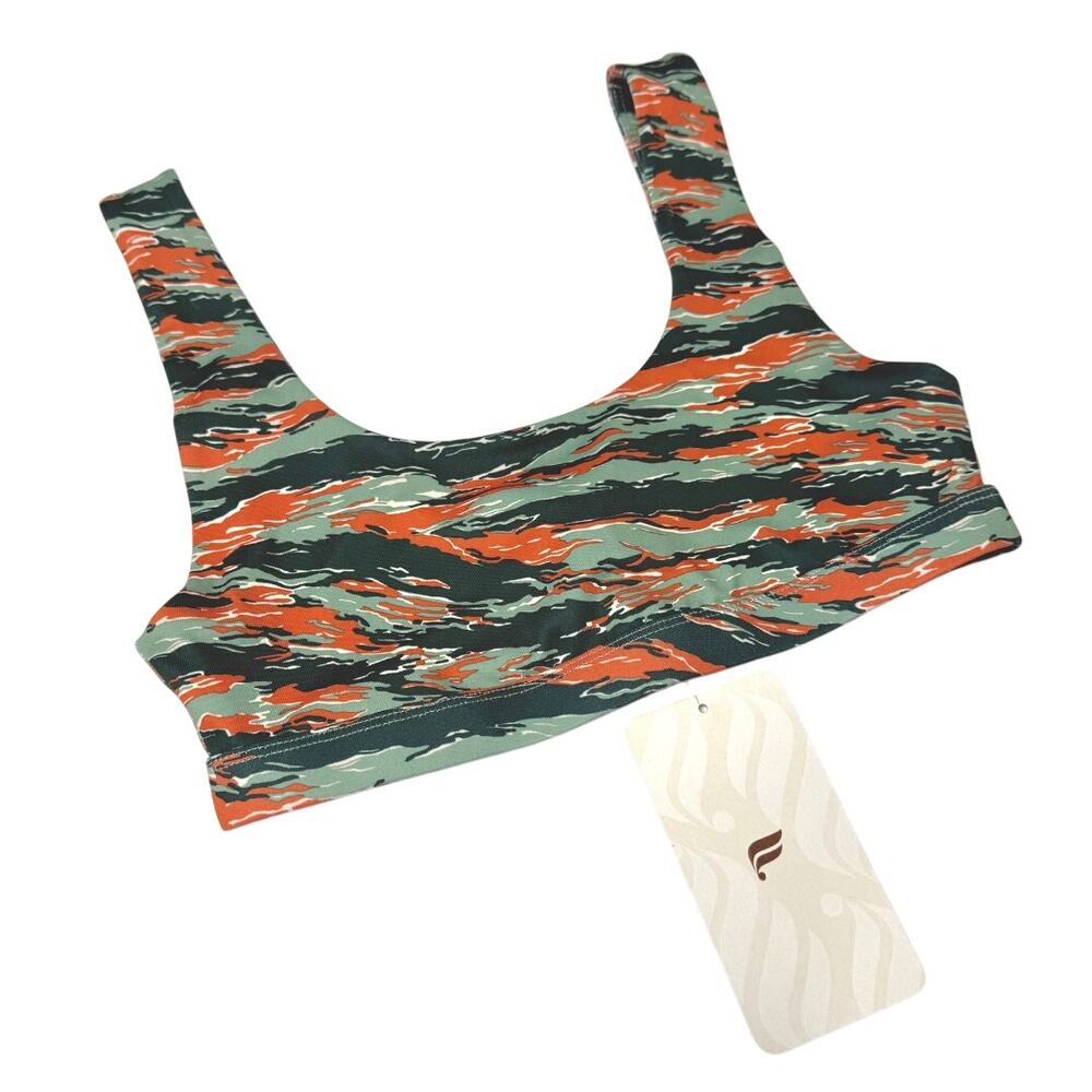Fabletics Lola Low-Impact Tiger Camo Sports Bra XS Green Orange Athleisure New